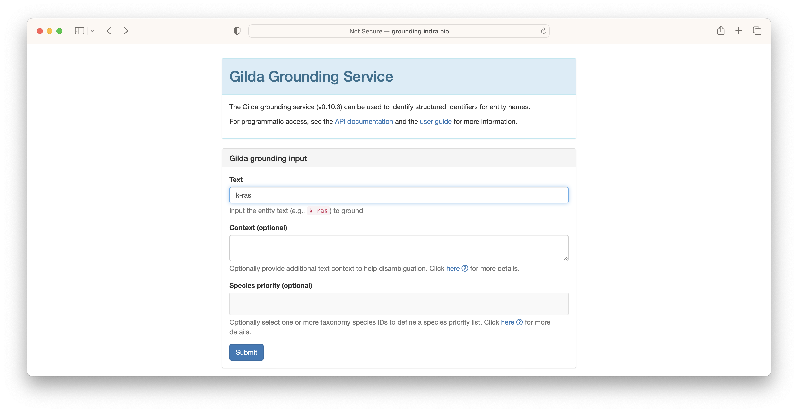 Using the Gilda web form to ground "K-RAS"