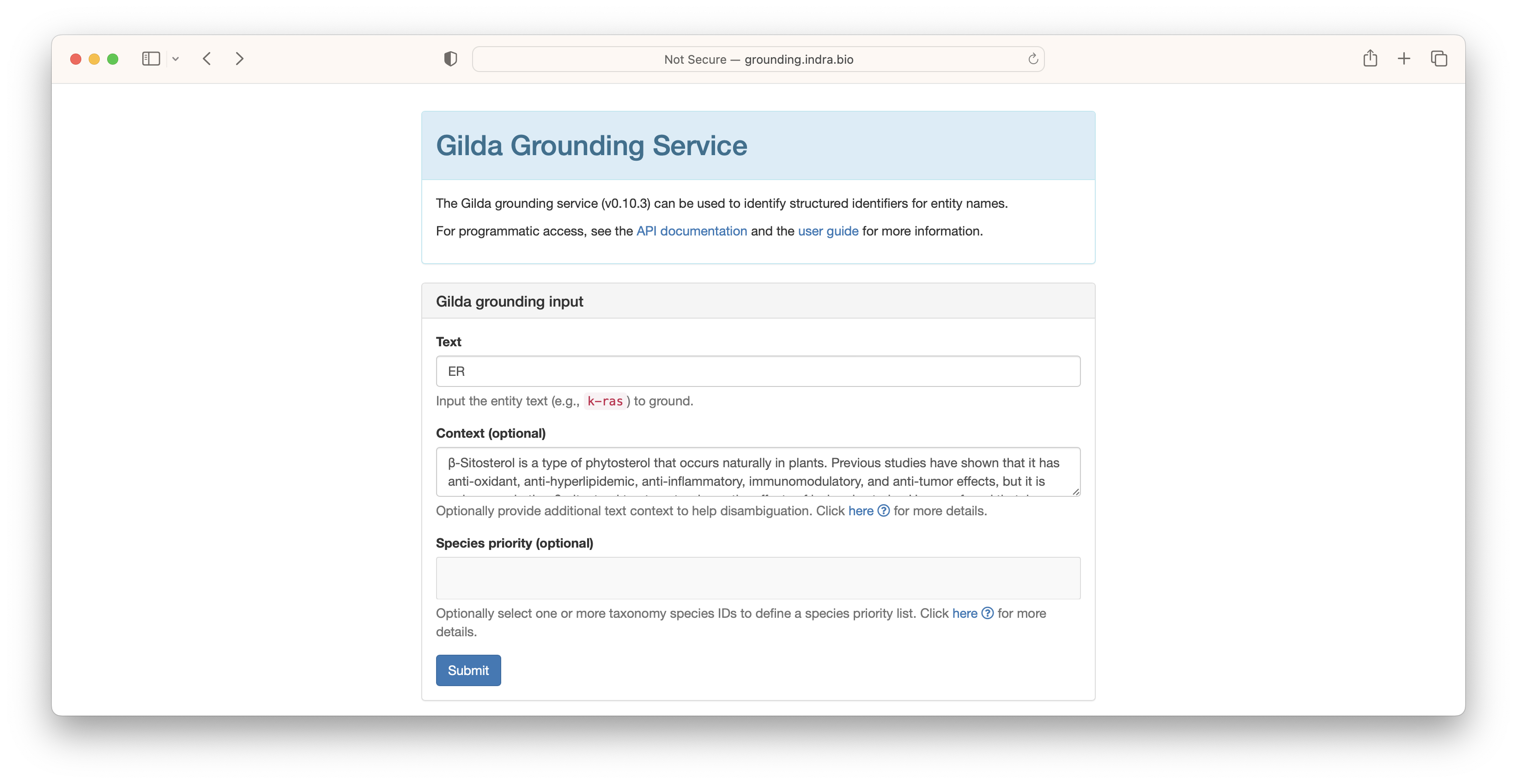 Using the Gilda web form to ground "ER" with a context paragraph